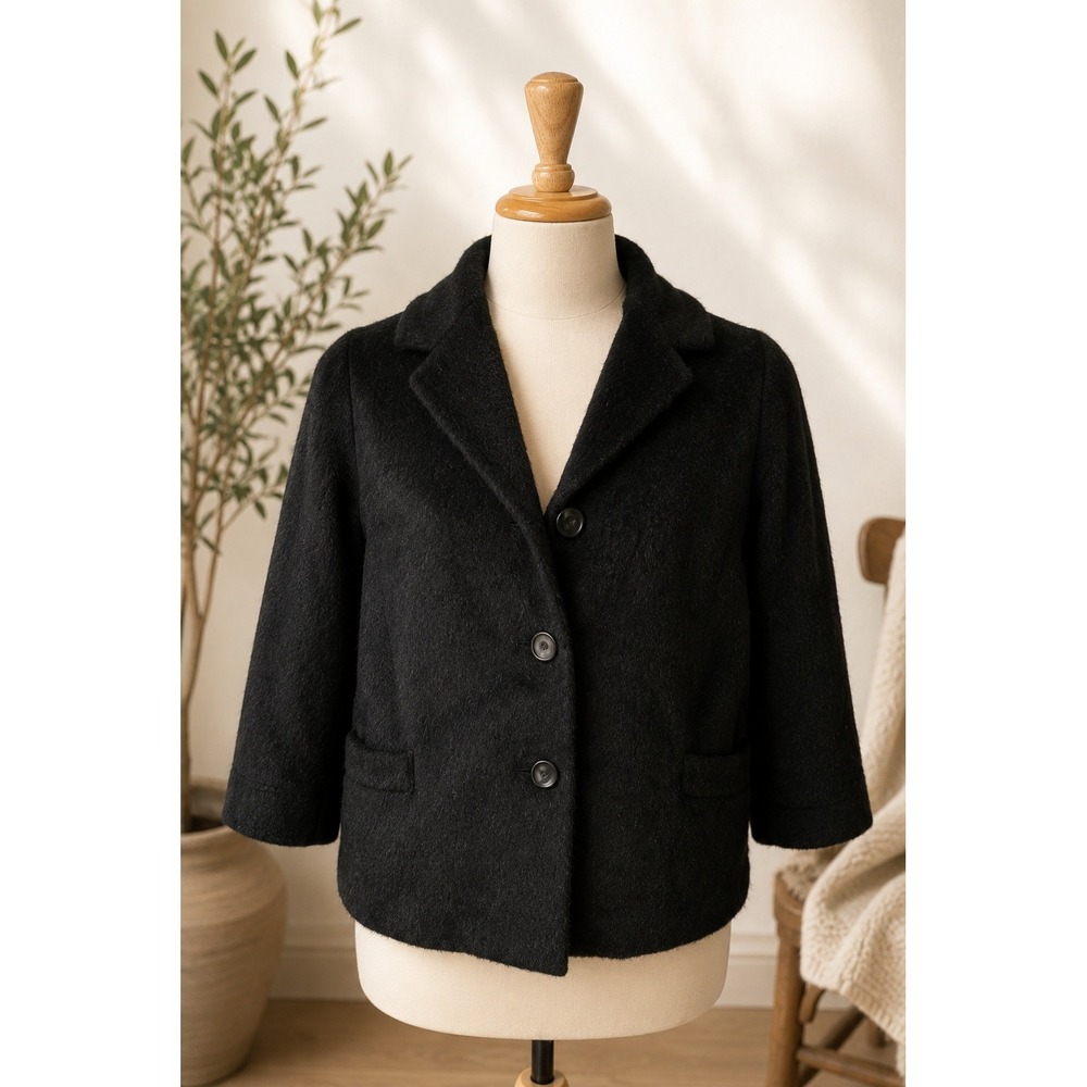 Vintage 50s Fuzzy Wool Cropped Jacket Black Tailored Swing Coat Medium Large